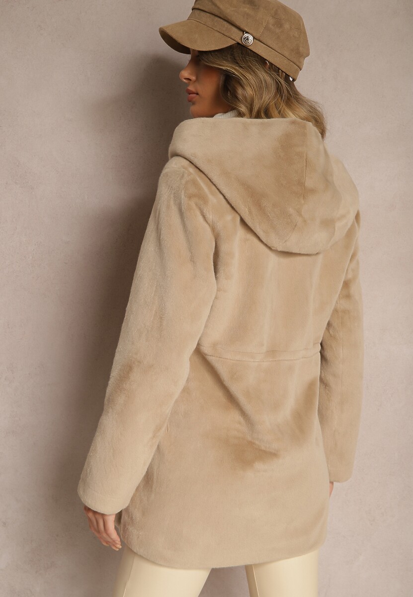 Beżowa Futrzana Kurtka Parka z Kapturem Evelinne