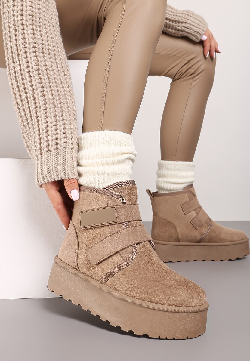 Ciemnobeżowe Śniegowce na Platformie z Zapięciem na Rzep Tarimelle