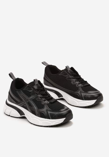 Czarne Sneakersy na Grubej Podeszwie z Siateczkową Cholewką i Sznurowaniem Ravare