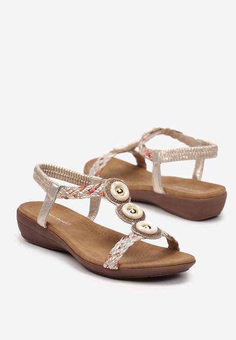 Złote Sandały w Stylu Boho Ozdobione Plecionymi Paskami i Kryształkami Wiatrixa