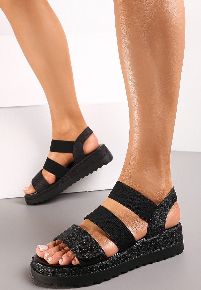 Czarne Wsuwane Sandały na Grubej Podeszwie z Brokatowym Wykończeniem Yalitza