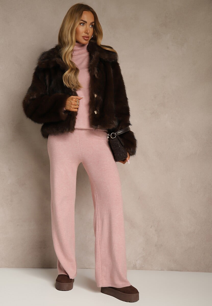 Różowy Komplet Dzianinowy z Wełną i Bawełną Szerokie Spodnie i Golf Lennria