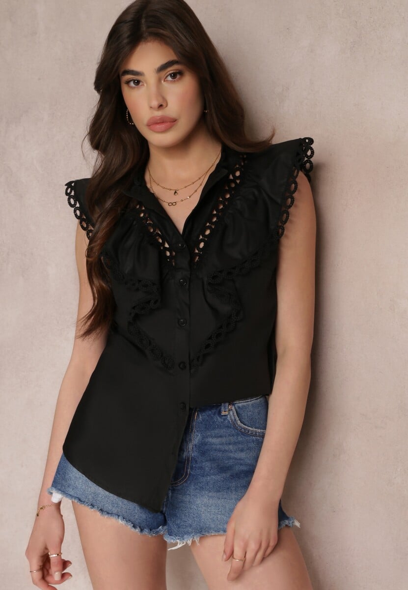 Czarna Koszula bez Rękawów z Falbankami i Ażurowymi Falbanami Darian