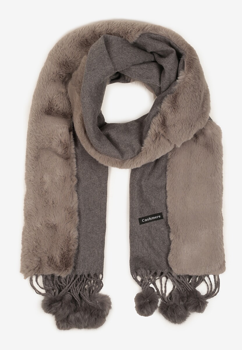 Ciemnoszary Szalik Narzutka o Prostokątnym Fasonie z Futerkiem i Pomponami Taqan