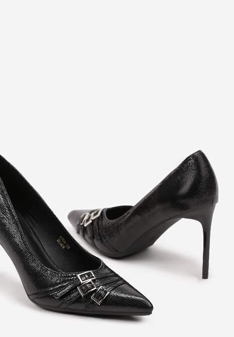 Czarne Klasyczne Szpilki z Noskiem w Szpic Ozdobionym Klamerkami i Paseczkami Railanne