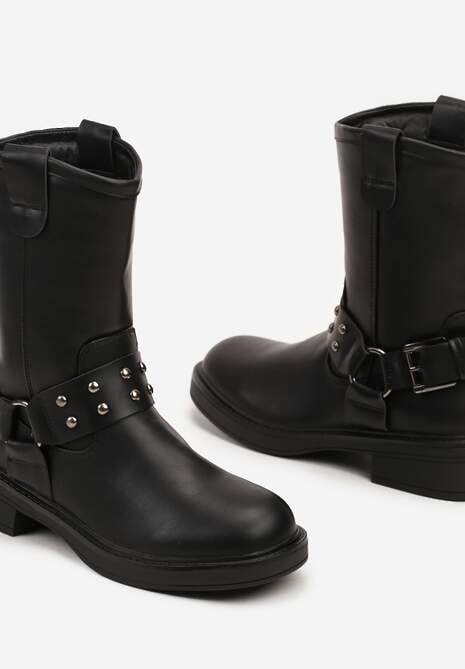 Czarne Motocyklowe Botki na Płaskiej Podeszwie Patina