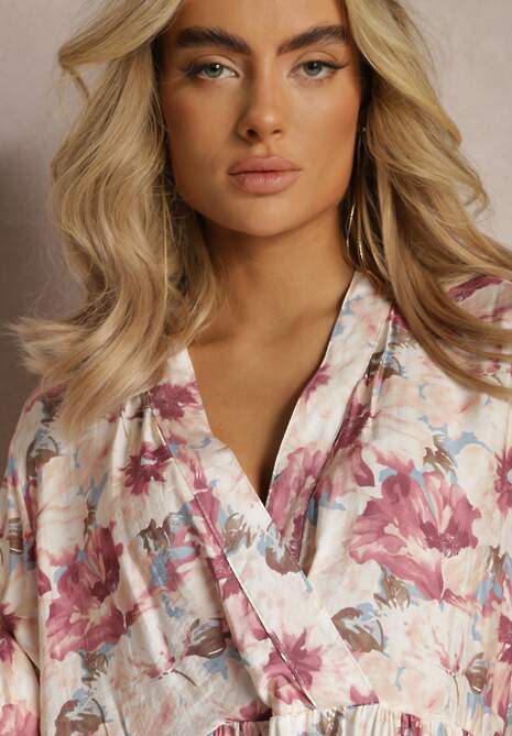 Beżowo-Różowa Sukienka Mini w Kwiatowy Wzór z Szeroką Falbanką na Dole Faeyra