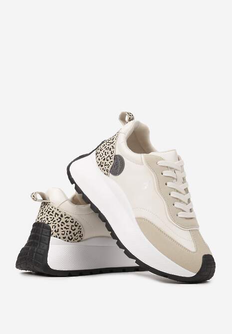 Beżowe Sneakersy Vices na Platformie Ozdobione Naszywką i Panterką Selothiel