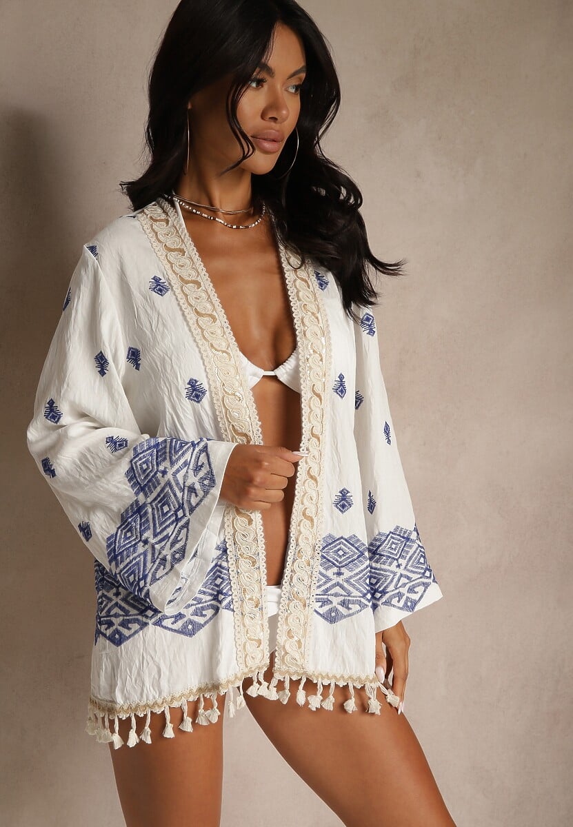 Beżowe Ponczo z Bawełny Zdobione Haftem Cekinami i Frędzlami Naliella