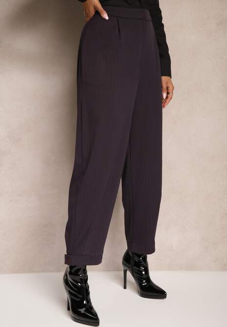 Fioletowe Garniturowe Spodnie o Szerokich Nogawkach Lekko Prążkowane High Waist Belbanne