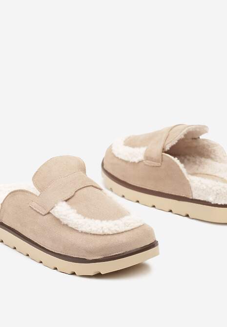 Ciemnobeżowe Kapcie na Płaskiej Podeszwie z Futerkiem i Paskiem Niaviera