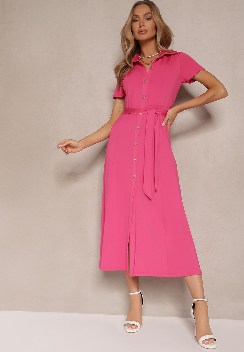 Fuksjowa Sukienka Koszulowa z Wiązanym Paskiem Asheila
