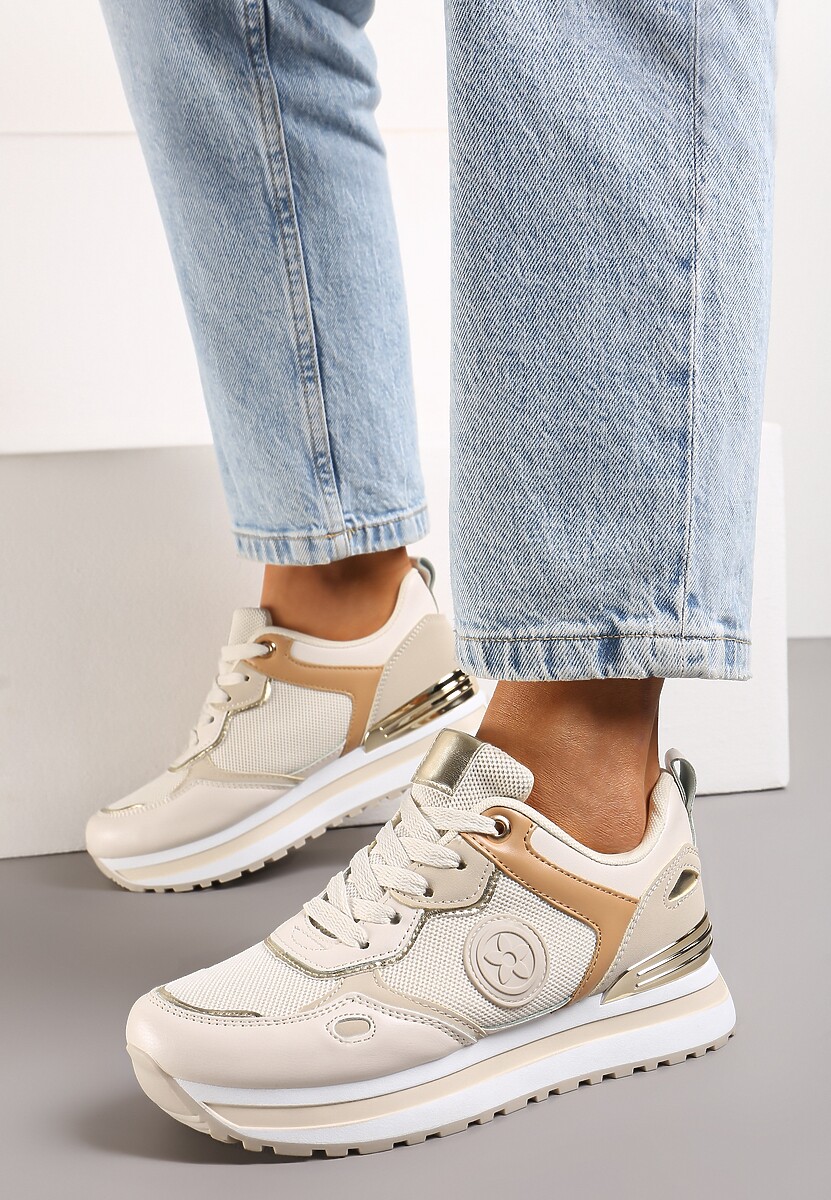 Beżowe Sneakersy na Niskiej Platformie z Metalicznym Paskiem za Kostkę Dapphira