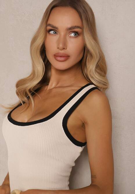 Beżowo-Czarna Sukienka z Wiskozą Typu Bodycon z Prążkowanego Materiału Erilwenis