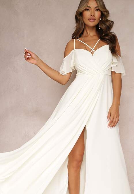 Beżowa Rozkloszowana Sukienka Maxi o Kopertowym Fasonie na Cienkich Ramiączkach Burwena