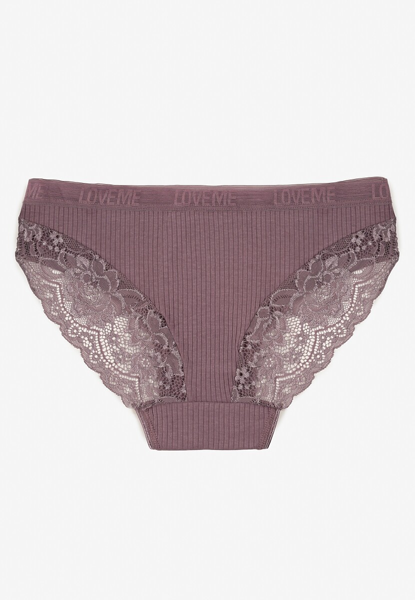 Ciemnofioletowe Bawełniane Majtki Figi z Prążkowanej Tkaniny z Koronką Erqelia