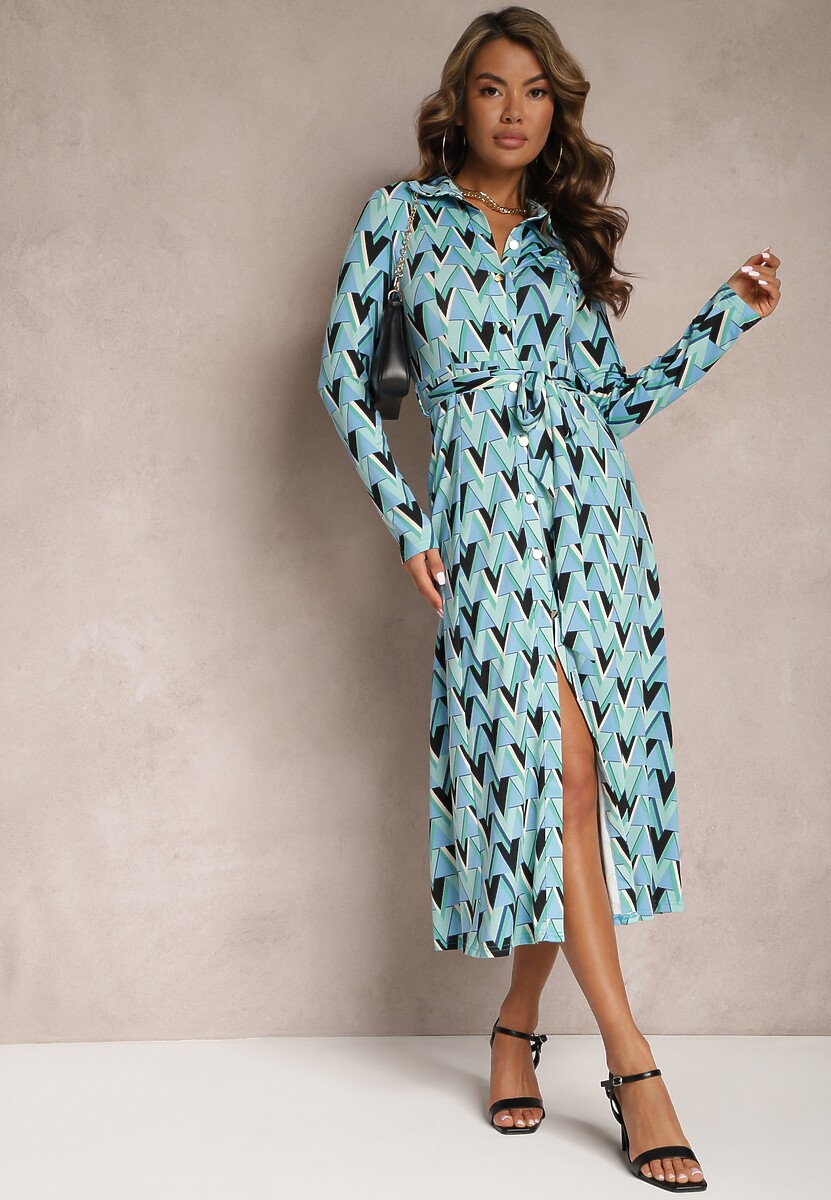 Niebieska Koszulowa Sukienka w Mozaikowy Wzór Wiązana w Pasie Azalie