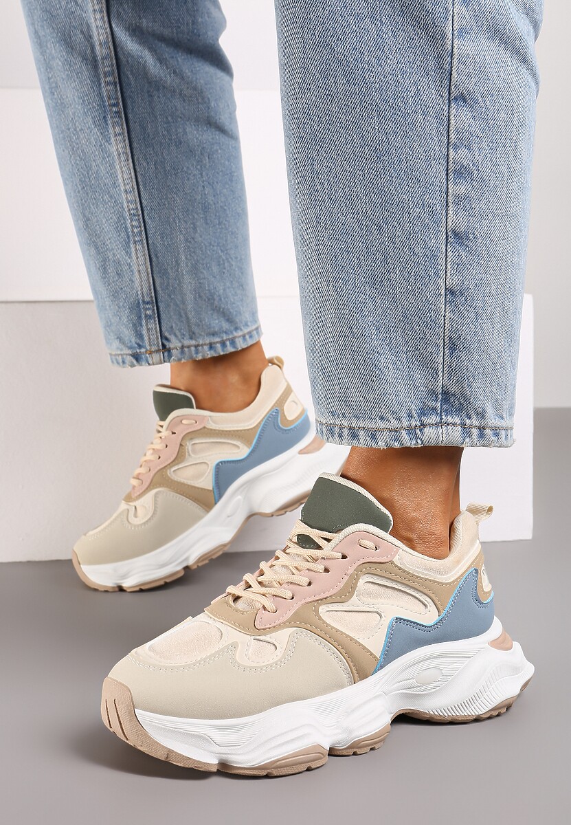 Beżowo-Niebieskie Casualowe Sneakersy na Platformie z Geometrycznym Motywem Mevalise