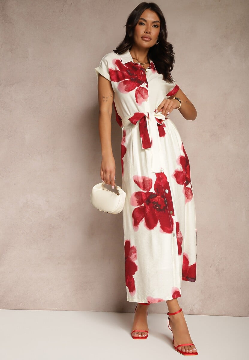 Czerwona Wiskozowa Kwiatowa Spódnica High Waist z Ozdobnym Paskiem i Guzikami Helseli