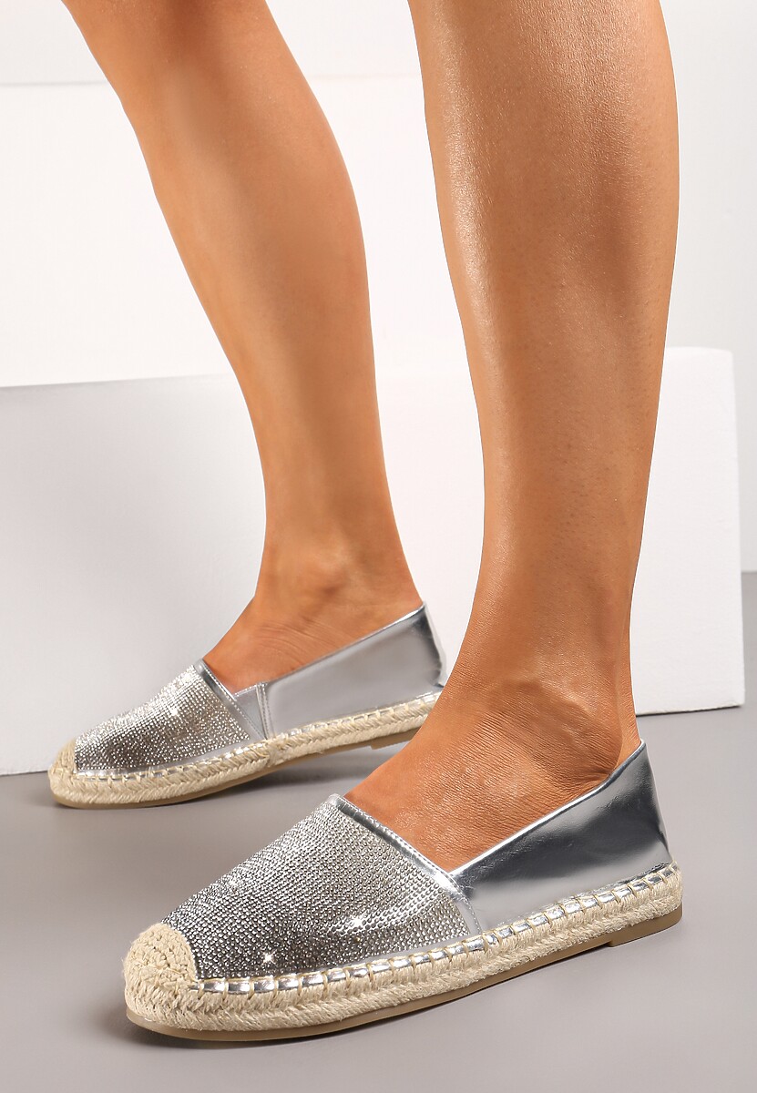 Srebrne Płaskie Espadryle z Plecionką i Cyrkoniami Dadessa