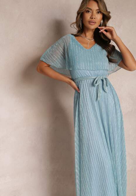 Jasnoniebieska Koktajlowa Sukienka Maxi z Ozdobną Falbaną na Górze Cailey