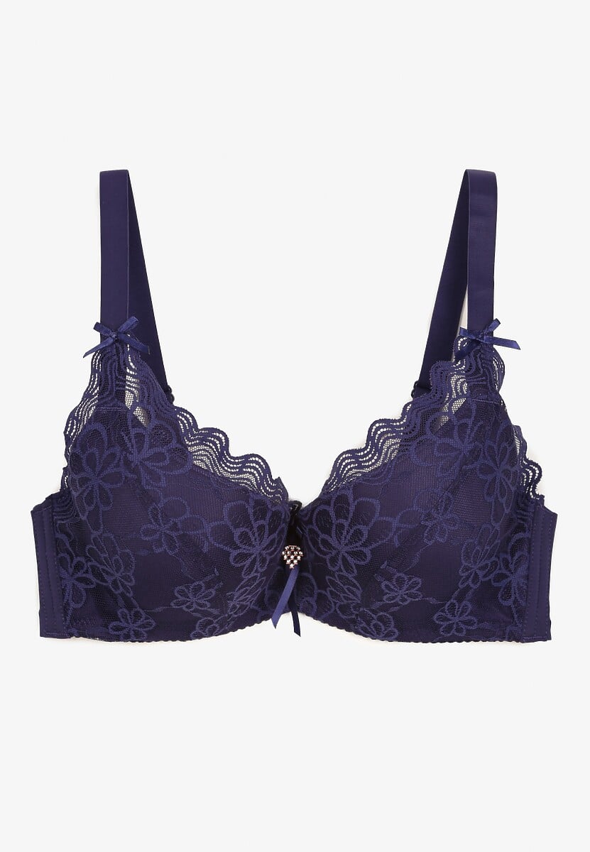 Granatowy Koronkowy Biustonosz z Regulowanymi Ramiączkami Tinalle