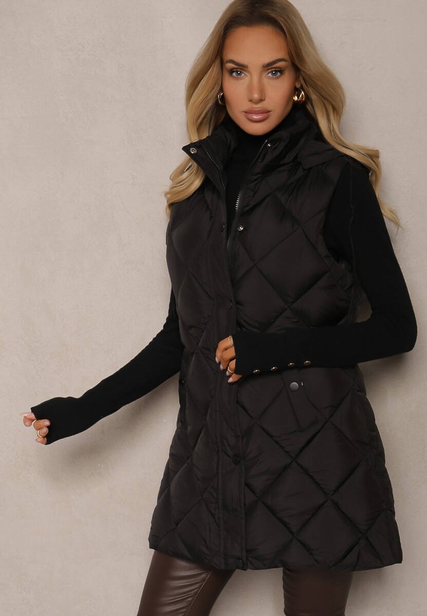 Czarna Kamizelka z Pikowanymi Przeszyciami Kieszeniami i Kapturem z Możliwością Odpięcia Seavriel