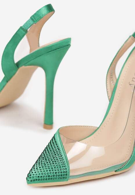 Zielone Sandały na Szpilce z Transparentną Wstawką i Cyrkoniami Middi