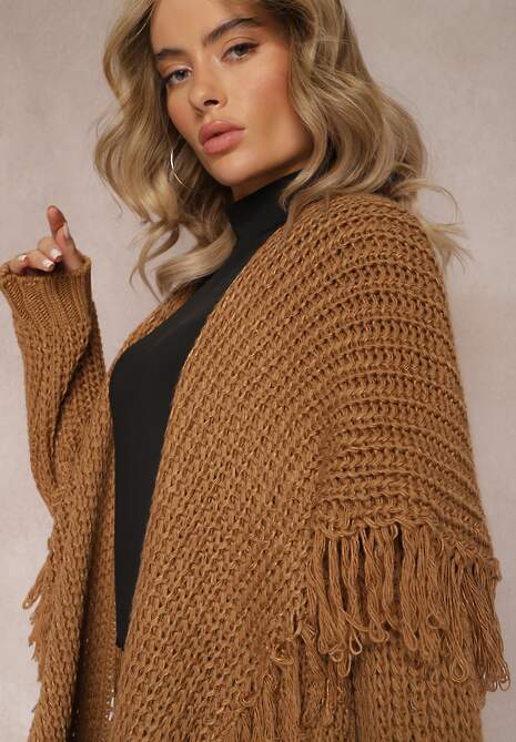 Brązowy Niezapinany Kardigan o Długim Kroju z Frędzlami Finantia