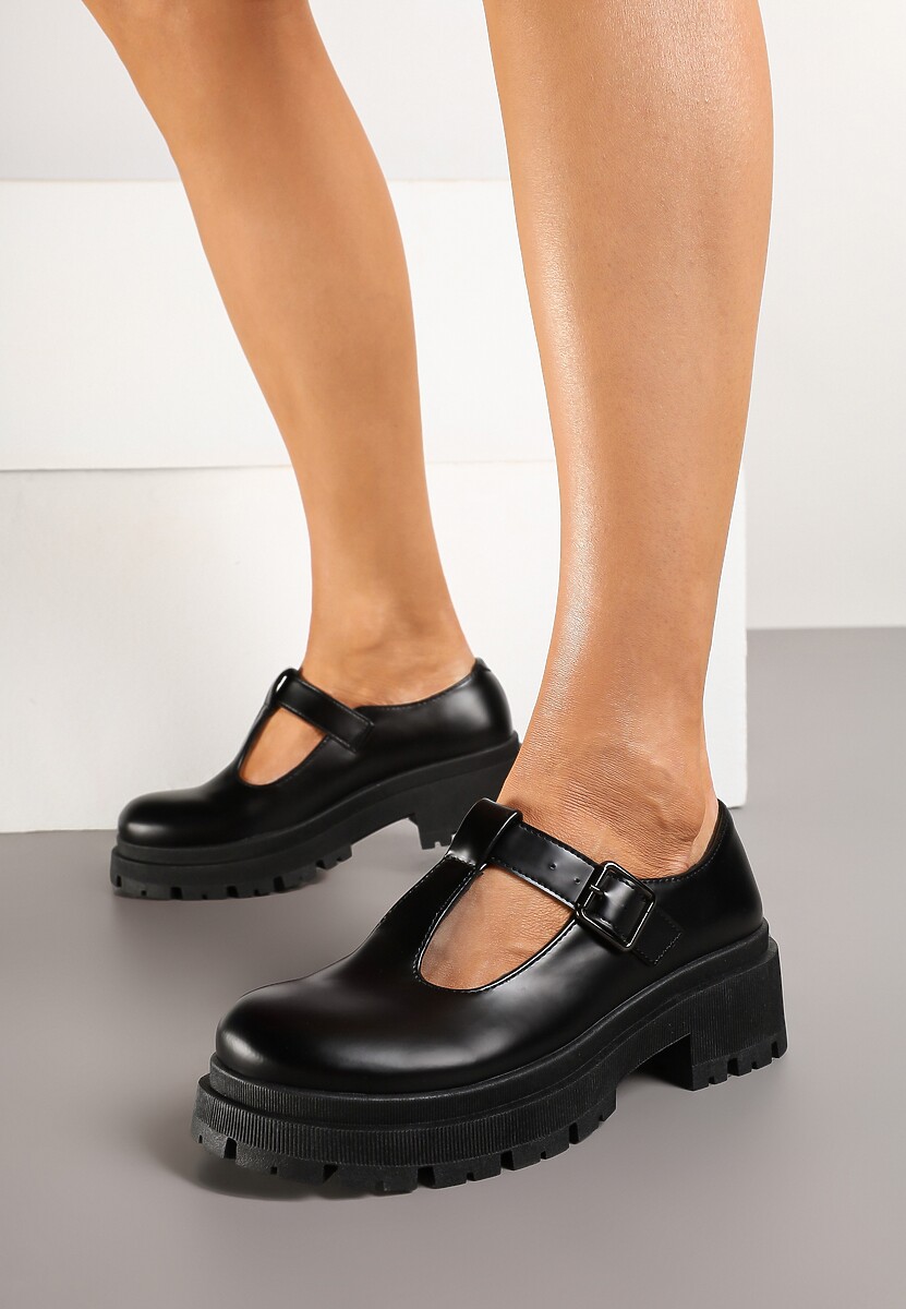 Czarne Płaskie Półbuty z Paskami na Sprzączkę Elosie