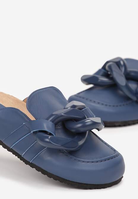 Niebieskie Płaskie Klapki z Korkową Podeszwą i Ozdobnym Łańcuchem Farya