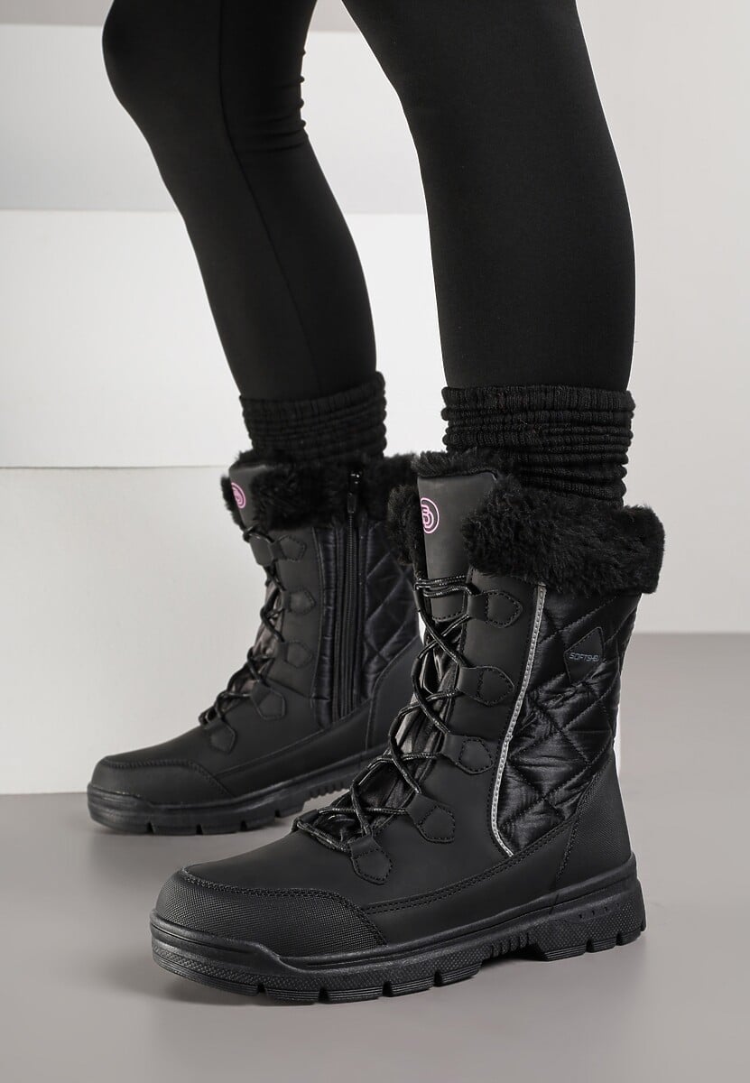 Czarne Śniegowce z Pikowanym Przeszyciem i Futerkiem na Grubej Podeszwie Amartina