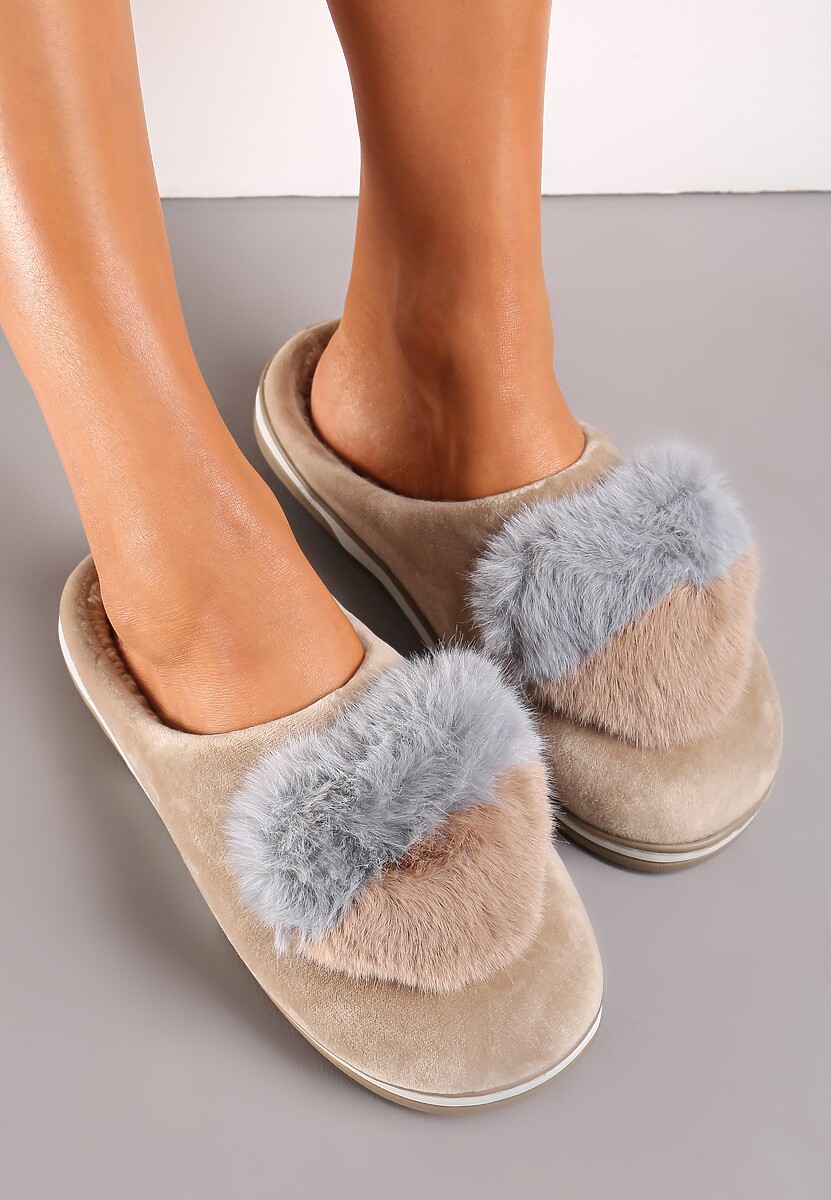 Ciemnobeżowe Kapcie z Pomponem w Kształcie Serduszka z Futerka Rafima