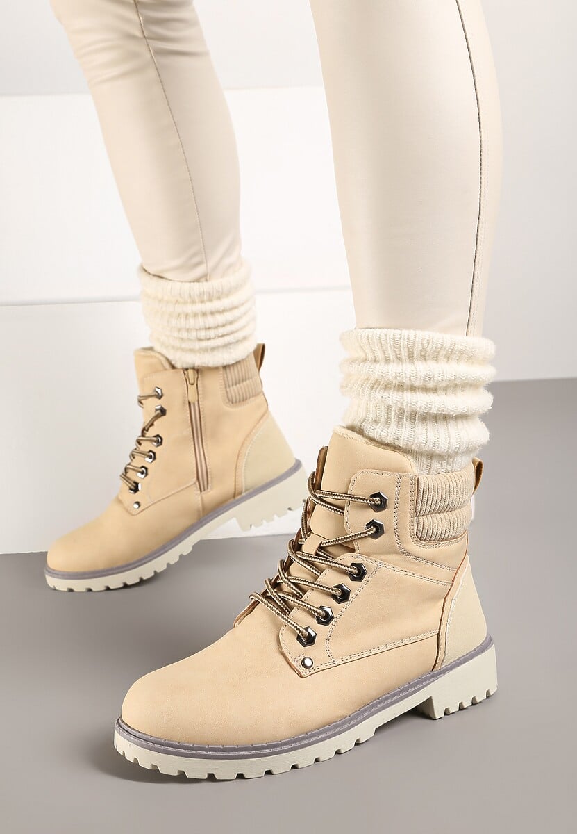 Beżowe Sznurowane Casualowe Traperki na Płaskiej Podeszwie Relobia