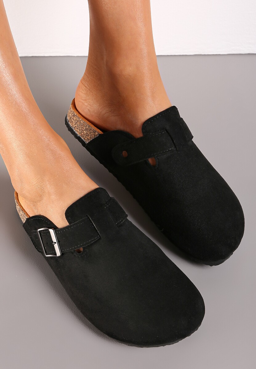 Czarne Klapki na Płaskiej Podeszwie z Korka z Klamerką i Okrągłym Noskiem Shamsa