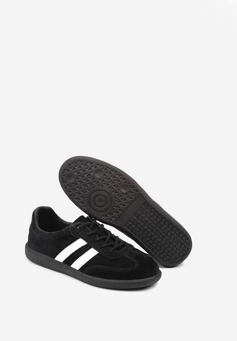 Czarno-Białe Płaskie Sneakersy ze Skóry Naturalnej z Ozdobnymi Paskami Nelarielis