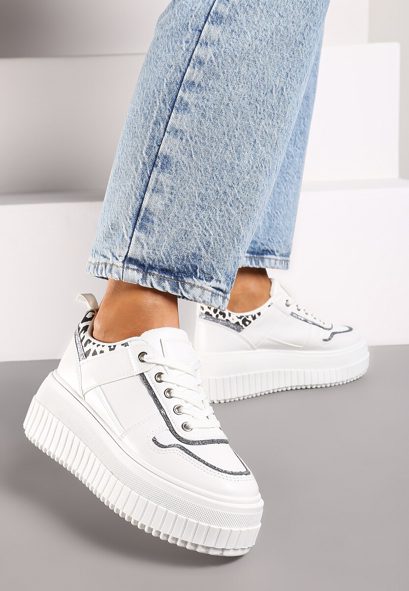 Białe Sznurowane Sneakersy na Platformie Ozdobione Panterką Ivenora
