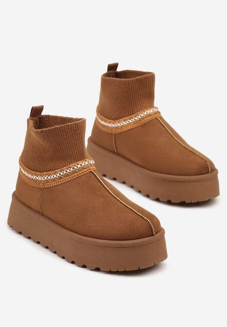 Brązowe Śniegowce na Platformie ze Skarpetową Cholewką Erevelis