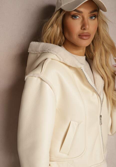 Jasnobeżowa Kurtka Biker o Krótkim Kroju z Kapturem i Futerkowymi Wstawkami Dailora
