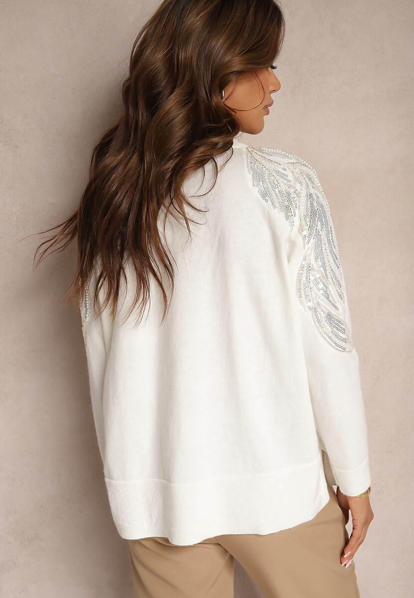 Biały Sweter z Wiskozą i Modalem Ozdobiony Cekinami i Perłami Iveara