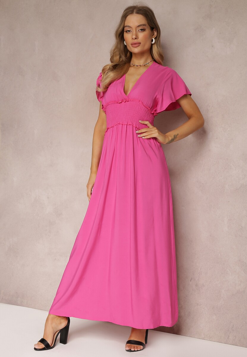 Fuksjowa Wiskozowa Sukienka z Kopertowym Dekoltem i Gumką w Pasie Shura