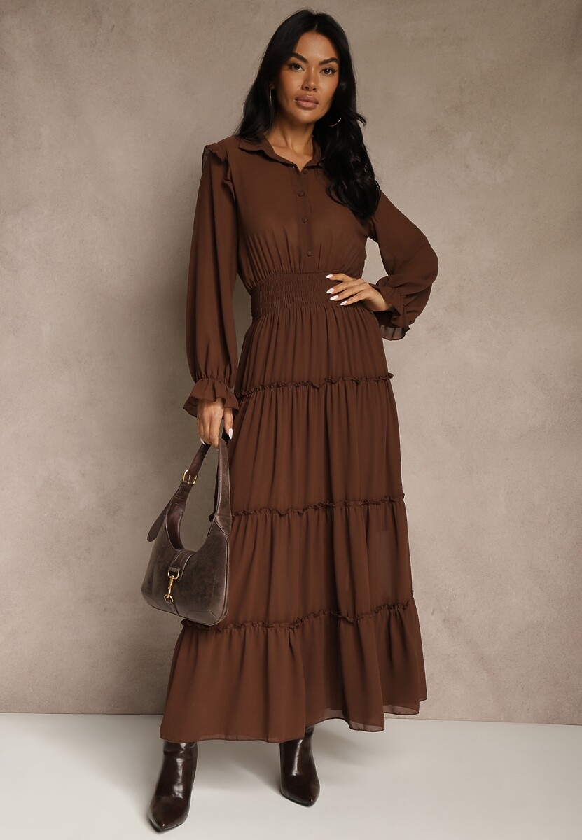 Brązowa Sukienka VICES Koszulowa z Falbaną w Rustykalnym Stylu Arivite