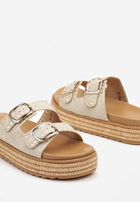 Beżowe Klapki ze Sprzączkami Ozdobione Plecionką Neolana