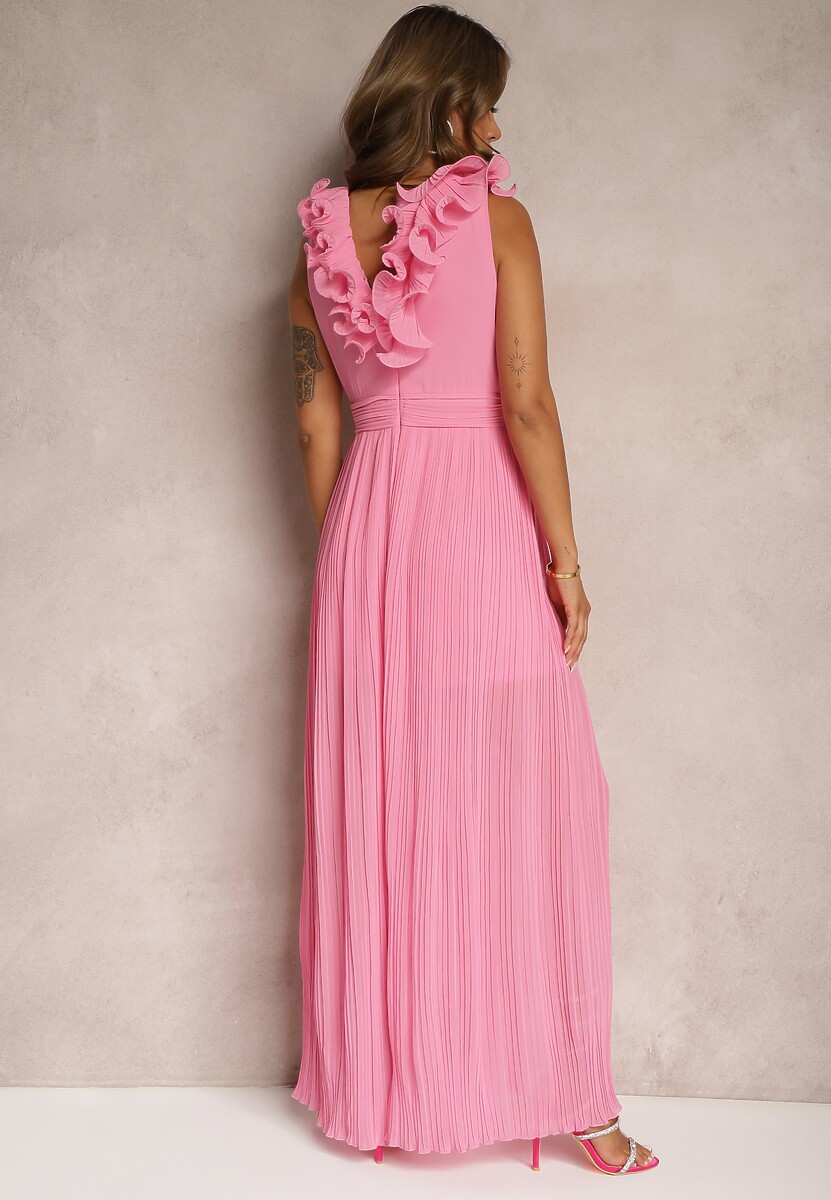 Różowy Taliowany Koktajlowy Kombinezon z Szerokimi Nogawkami Ozdobiony Falbanami Gealfrea