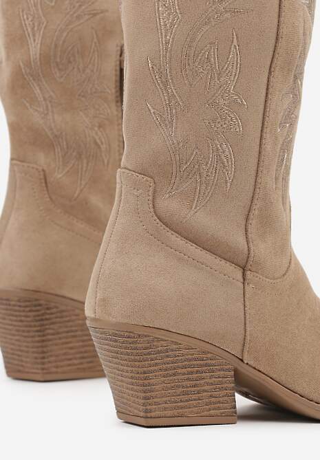 Ciemnobeżowe Klasyczne Kozaki Kowbojki na Stożku Zdobione Haftem Nallesia