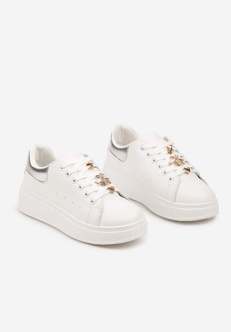 Biało-Srebrne Sneakersy na Platformie Wykończone Cyrkoniowymi Aplikacjami Vliorina