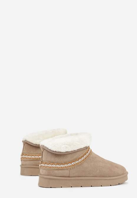 Ciemnobeżowe Rustykalne Śniegowce z Imitacji Zamszu z Haftem i Futerkiem Zetilda