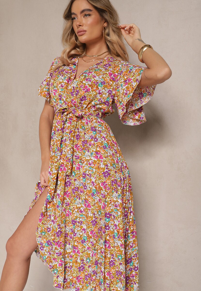 Żółta Sukienka z Plisami w Kwiecisty Print o Rozkloszowanym Kroju Lanelin