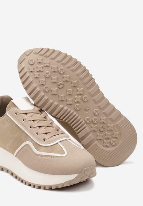 Ciemnobeżowe Sneakersy na Płaskiej Podeszwie Ozdobione Geometrycznym Wzorem Erimaraes