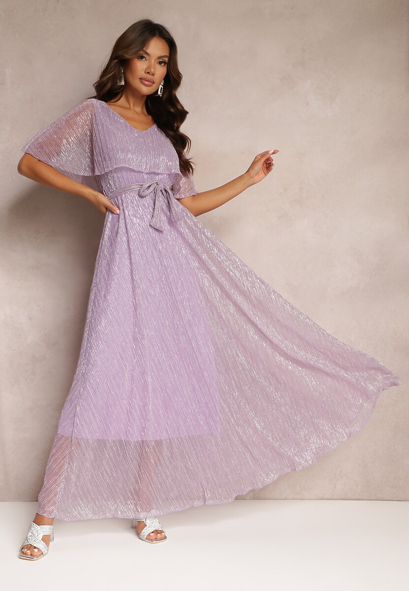 Ciemnofioletowa Koktajlowa Sukienka Maxi z Ozdobną Falbaną na Górze Cailey